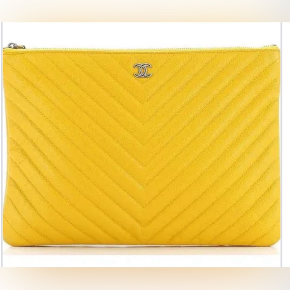 CHANEL Case Clutch Chevron Yellow AUTHENTIC
